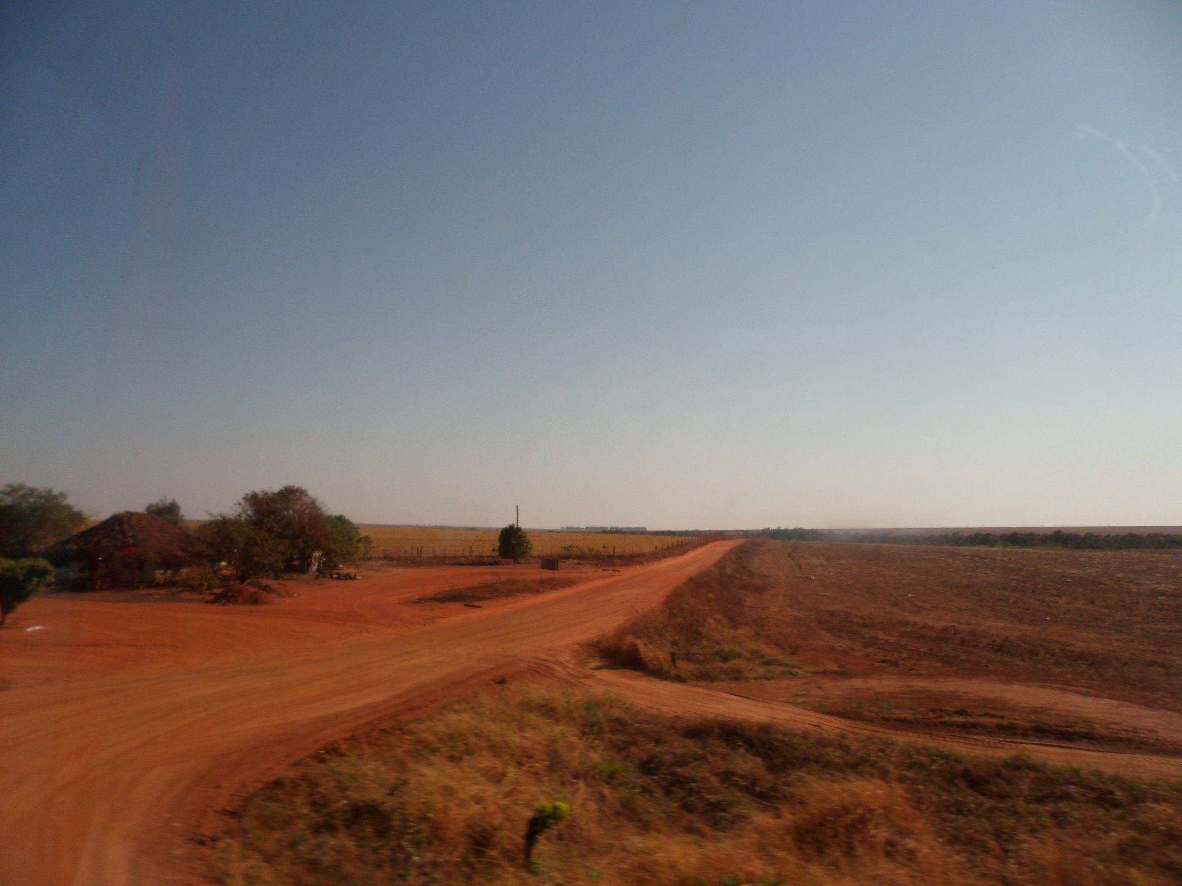 Área de plantio com solo vermelho e estrada de terra em Rondônia